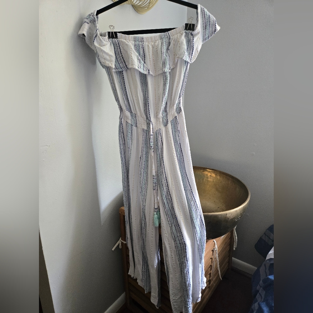 Surf Gypsy Off The Shoulder Blue and White Striped Jumpsuit